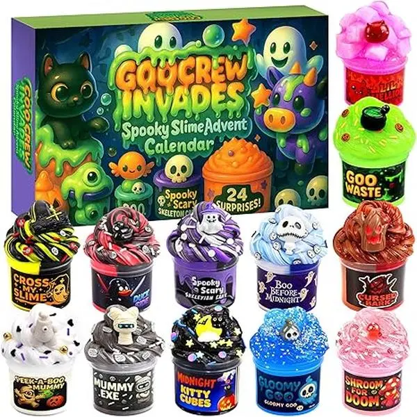 Funewest 2026 Halloween 12-Piece 70-mL Slime Set Countdown Advent Calendar, for Teen Girls | 24-Day Halloween Countdown Set, Adult Stress-Relief Toy, Includes Cute Monster Collectibles, Non-Sticky Soft Slime, Soft Silicone Sensory Toy