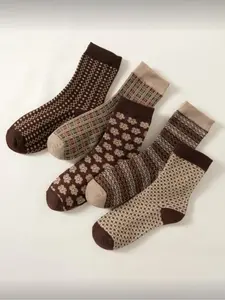 Women's Casual Knit Socks Set, Vintage Plaid & Floral Patterns, Soft Fabric, Fashion Design, Perfect for Daily Wear