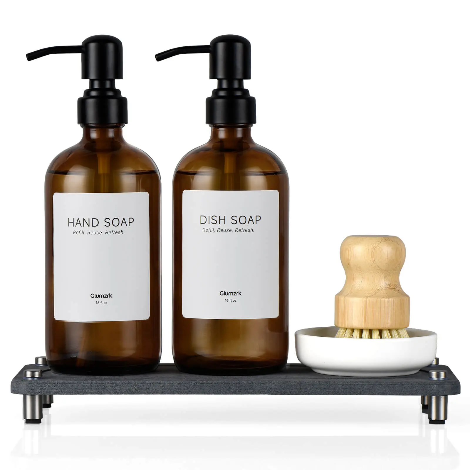 Glumzrk 2-Pack Farmhouse Minimalist Bamboo & Ceramic Kitchen Soap Dispenser Set - 16oz Amber Glass Bottles, Leak-Proof Stainless Steel Press Pumps, Instant Dry Tray, Dish Brush & Holder, Refillable Countertop Sink Kitchen Decor Accessories (Great Gift), W