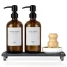 GLUMZRK 2-Pack 16oz Amber Glass Soap Dispenser Set, Refillable Kitchen Dish Soap & Hand Soap Bottles, Stainless Steel Pumps, Waterproof Drying Tray, Dish Brush & Holder, Farmhouse Kitchen Sink Countertop Decor, Black & Green, Minimalist Home Gift