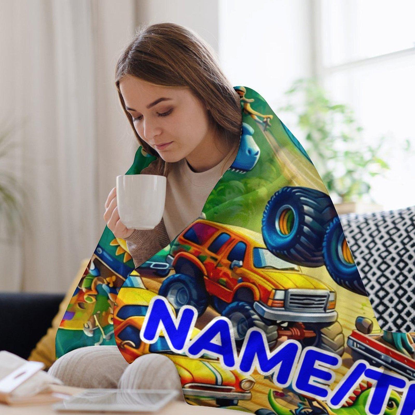 Custom Name Dinosaur & Car  Blanket ,Personalized Name Gift ,Suit for The Sofa, Bed, Travel, Camping, Living Room, Office, Chair，Gifts for Family or Child  ,Friend , Send your custom text via shop chat to personalize