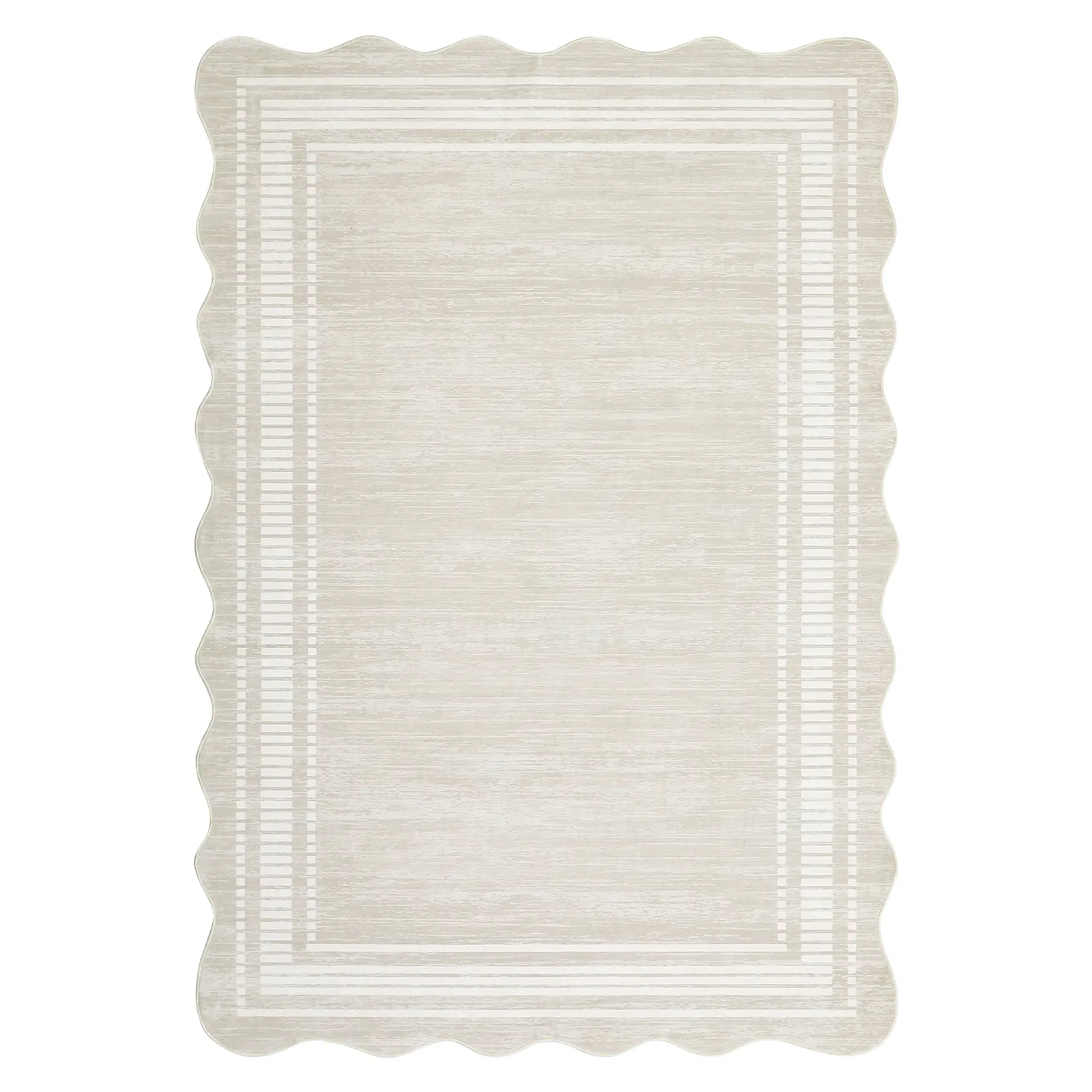 9 x 12 ft Beige Rectangular Geometric Bordered Polyester Area Rug - Boho, Modern, Stain Resistant, Low Pile Home Decor Rug for Living Room, Bedroom, Boho Washable Rug, Washable Modern Rug