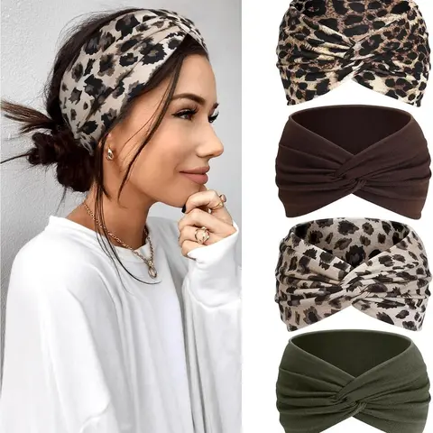 Women's Boho Headbands Set of 4, Elastic Tie-Dye Hair Bands, Vintage Style for Sports, Yoga, Makeup, Spa, Fashion Accessories
