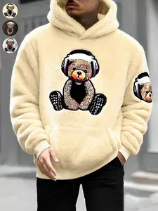 Men's [Cozy Teddy Fleece] Cute Headphone Bear Graphic Sherpa Hoodie, Thickened Pullover, Unisex Couple Outfits/Ultra Warm Winter/Fluffy Oversize Casual Jacket