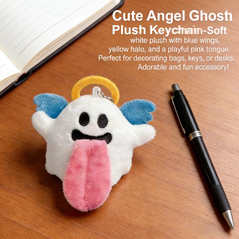 2026 Plush Keychain of Quirky Angel Ghost Design, Soft Furry Texture with Halo and Blue Wings, Funny Long Tongue for Cute Accessory Lovers
