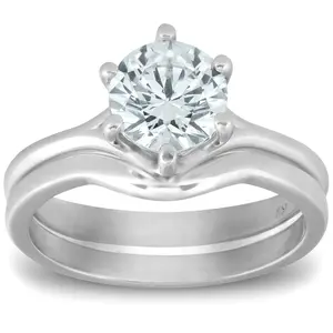 1 Ct Round Diamond Engagement Ring Wedding Plain Band Set 14k White Gold