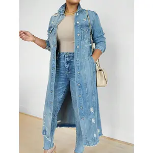 Women's ripped denim trench coat, casual slim fit button down washed long denim jacket, long sleeved solid color jacket