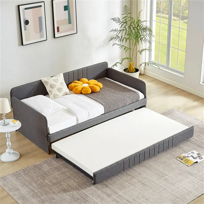 Grey Iron Sturdy Twin Daybed with Pull-Out Trundle Bed, Sponge-Enhanced Sofa Bed Frame, Heavy-Duty Metal Slats, Easy Setup, 250 lbs Capacity, Silent Contemporary Space-Saving Indoor Furniture, 78x41 in (70.9w x40.2d x4.5h in) for Living Room, Bedroom