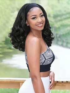 Yaki Curly Headband Wigs for Black Women Kinky Straight Black Headband Curly Ends Synthetic Wear and Go Glueless Half Wig with Headbands Attached