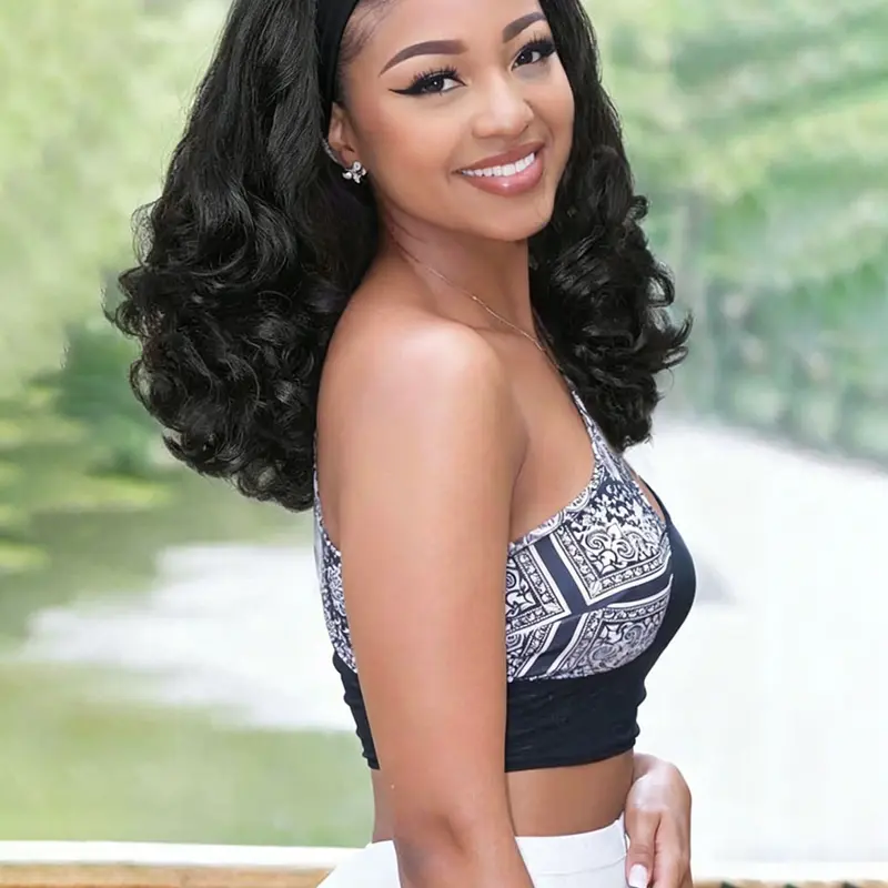 Yaki Curly Headband Wigs for Black Women Kinky Straight Black Headband Curly Ends Synthetic Wear and Go Glueless Half Wig with Headbands Attached Headband Style Wig