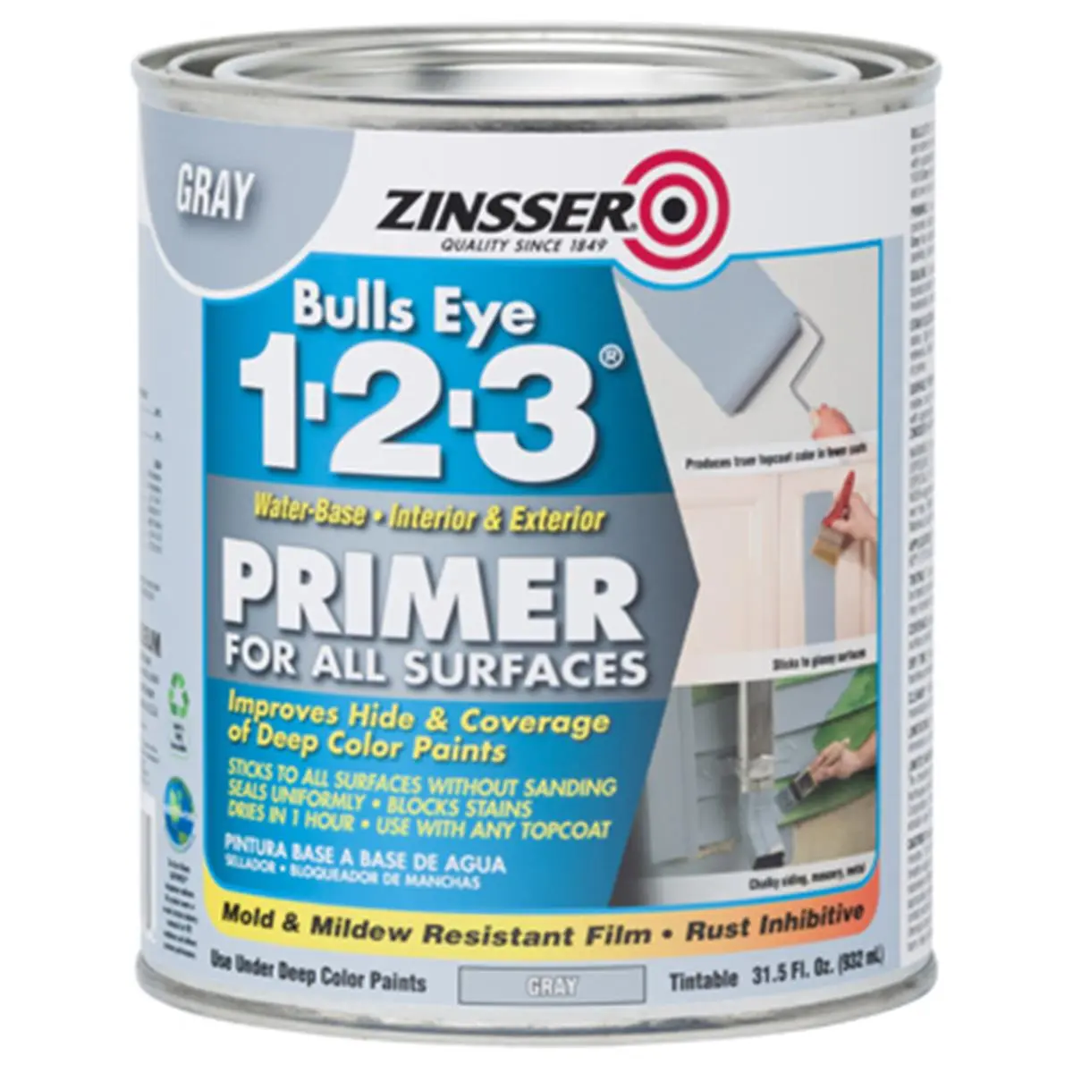 212 MAIN Zinsser 286258 Water-Based All-Purpose Primer - Gray, 1 Qt, Exterior, Interior, Commercial, Fast-Dry, Stain-Blocking, For Glossy Surfaces