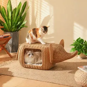 Handmade Elephant Rattan Cat Condo Bed with Plush Cushion, Heavy-Duty Indoor Shelter for Large Cats & Small Kittens