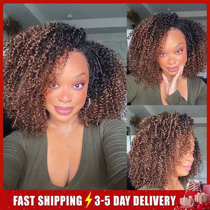 [WEAR GO HALF WIG] ISEE HAIR Ombre Brown Layered Curly Pre-Styled Bob Kinky Curly Half Wig Flip Over Draw-strings Wig #TikTokShopBackToSchool #SohoChic