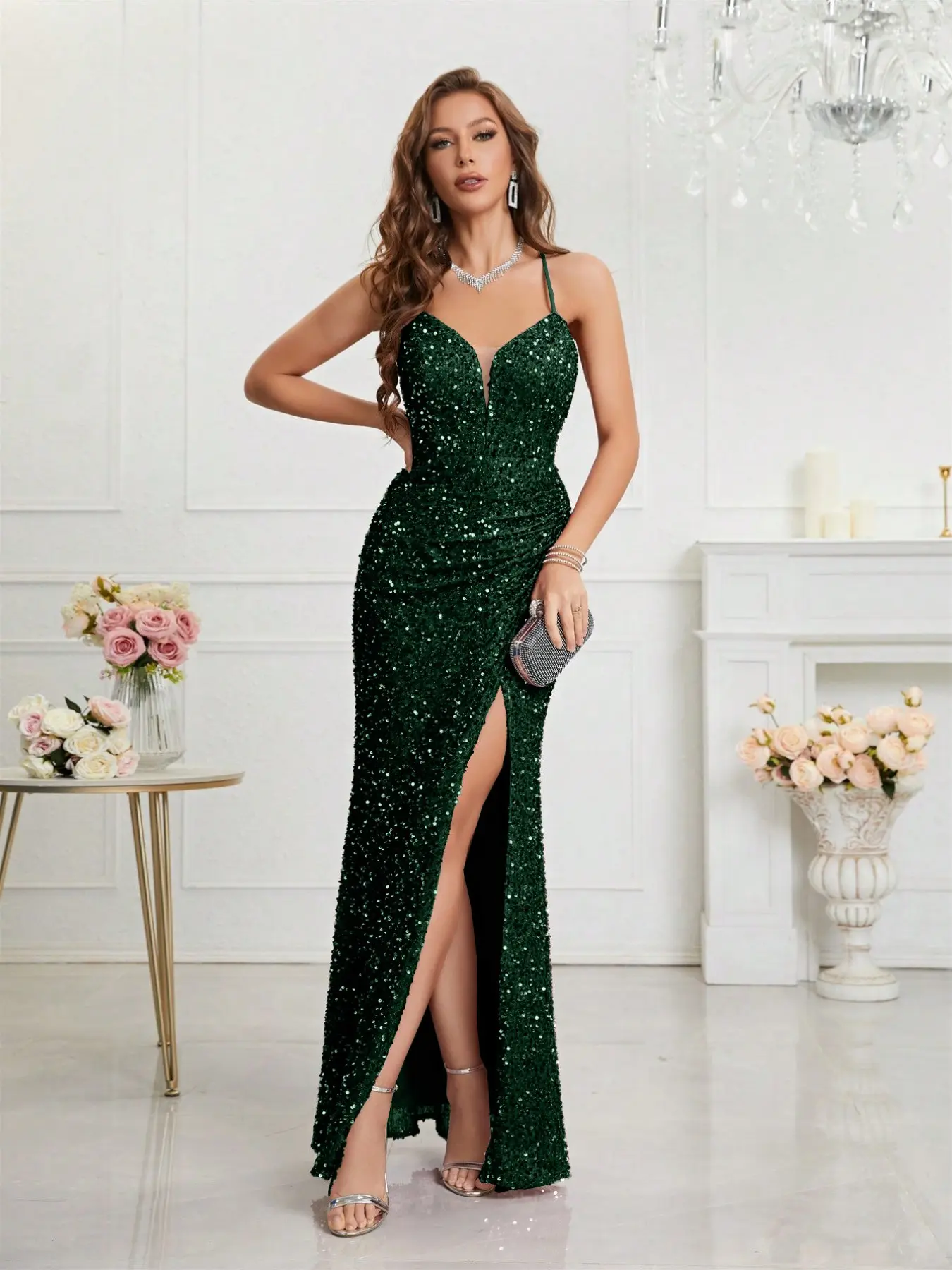 mascara green prom dress Spaghetti Straps Dark Green Long Satin Prom Dresses, Dark Green Long S –  jbydress main image 0