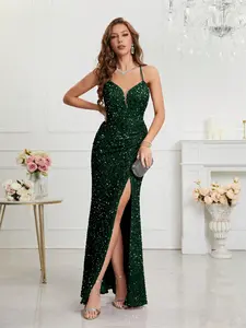 Women's Backless Sequined Bodycon Fit Split Formal Wear Evening Party Dress, Sleeveless Halter Neck Gown, Sparkle Elegance Prom Ballgown