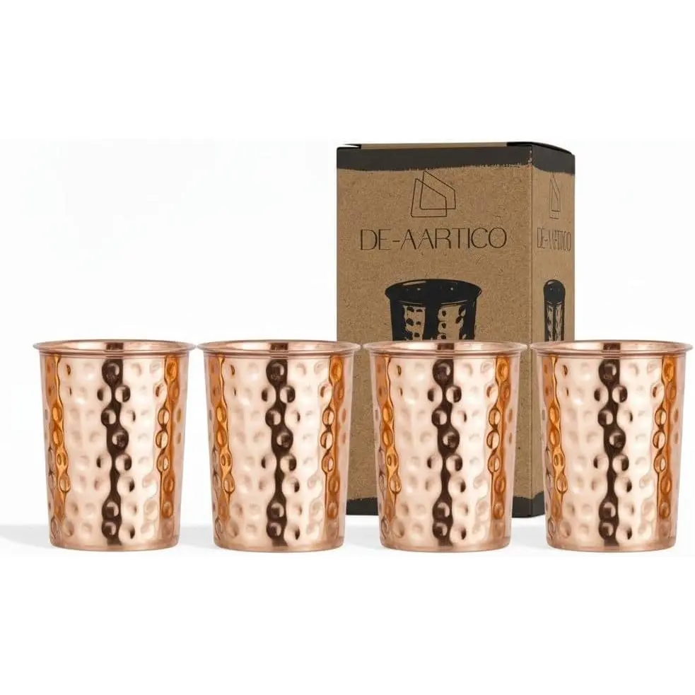 Pure Copper Tumblers for Drinking – Handmade Hammered Finish Water Glasses, 312ml (11 fl oz), Health Benefits for Hydration, Set of 4, Eco-Friendly Copper Cups for Water & Juices