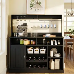 YJ-Garvee 47" Farmhouse Coffee Bar Cabinet with Storage, Adjustable Shelves, Buffet Sideboard Featuring Goblet Holder, 5 Hooks, Power Outlets, Wine & Glass Rack - Ideal for Kitchen, Dining, Living Room in Black, White, Grey