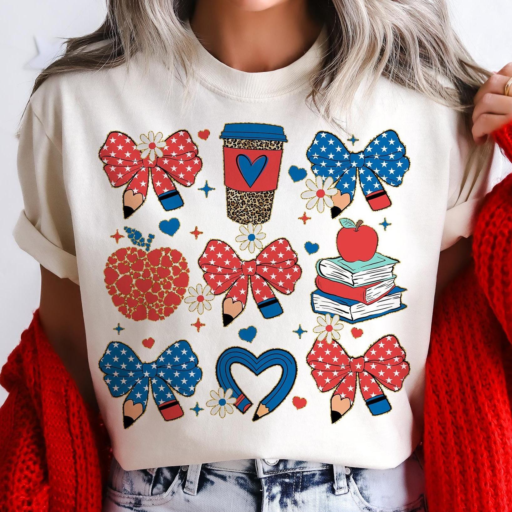 Teacher Coquette America 4th of July Tee, USA Teacher Independence Day Shirt, Teacher Fourth of July Gift, Memorial Day T-Shirt, 100% Crewneck Cotton Shirt for Women