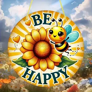 "Be Happy" Bumblebee & Sunflower Round en Sign - 8x8 Inch Vintage Wall Decor, Rustic Kitchen & Coffee Shop Art Plaque with Twine Hanger, Sunflower Decor, Home Decoration