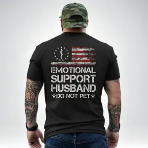 Men's Funny T-Shirt, 'Emotional Support Husband' Slogan & Vintage American Flag Back Print, Soft Breathable Loose Loungewear Top