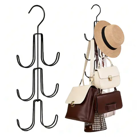 Heavy-Duty Rotatable Multi-Tier Purse Hook Organizer - 1 Hanging Closet Organization Solution, Compact Multi-Hook Holder for Tote Bags & Pouch Holder, Black Finish (Closet Use)