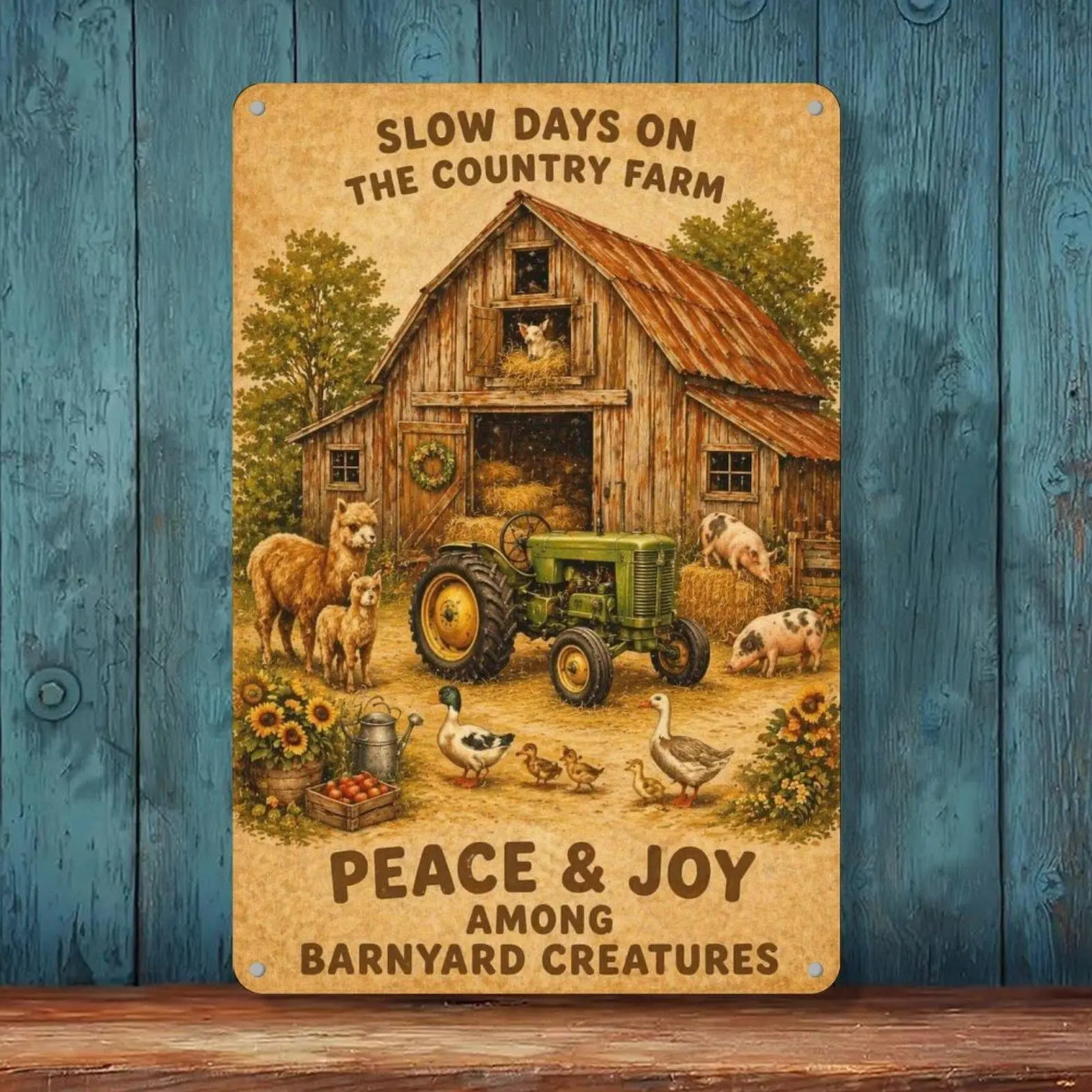 8x12in Vintage Iron Tin Sign, Slow Days Country Farm Barn Tractor Alpaca Pig Duck Barnyard Animal Design, Rustic Farmhouse Kitchen-Porch Wall Decor Hanging Plaque