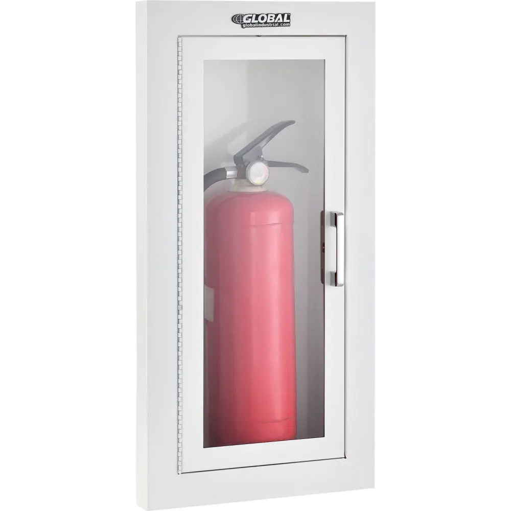Global Industrial 724202 Stainless Steel Powder Coated Semi-Recessed Wall Mount Fire Extinguisher Cabinet with Full Acrylic Window, 10.5 in. W x 24 in. H, Fits 2.5-6 lbs Fire Extinguishers, 2-1/2-6 Lbs