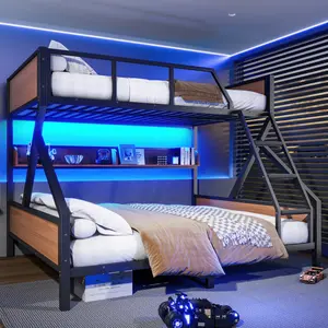 Queen over King Bunk Bed for Kids, Heavy-Duty Metal Bunk Bed with Storage Shelves and Lights, Space-saving & Noise-free Design, Black