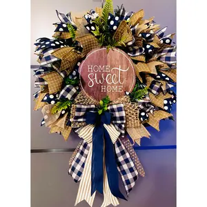 Blue & Gold "Home Sweet Home" Front Door Wreath - Farmhouse Burlap Décor