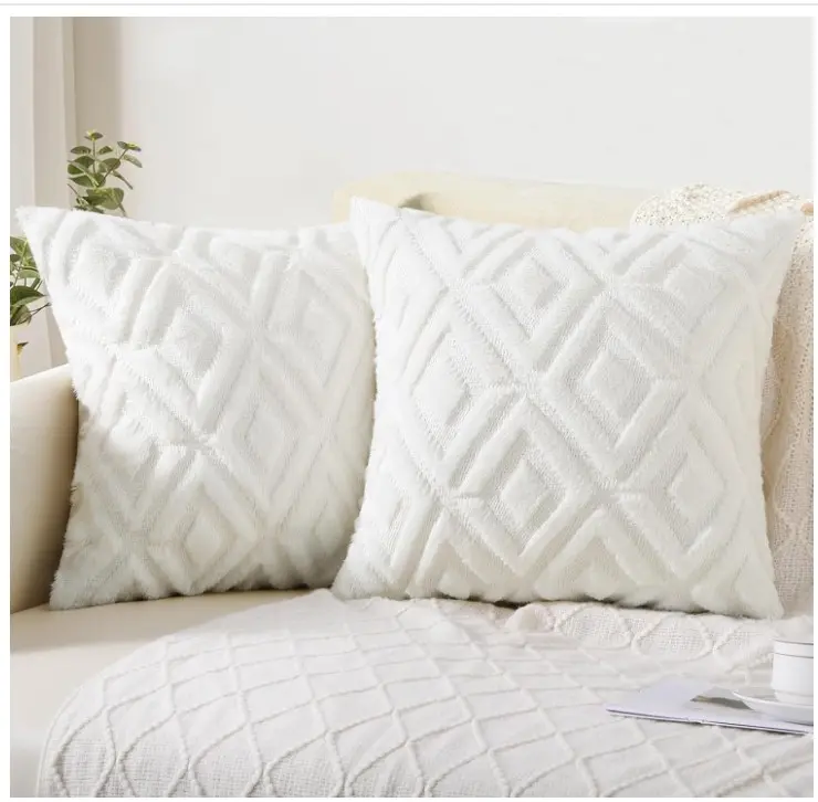 Pallene Christmas Soft Faux Fur Throw Pillow Covers 18x18 - Plush Wool Decorative Pillow Covers - Couch Sofa Pillow Covers for Living Room - with 3D Diamond Pattern - Set of 2 - Cream White