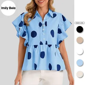 Imily Bela Womens Polka Dot Babydoll Tops Peplum Ruffle Cap Sleeve Blouses Summer Casual Half Button Up Shirts
