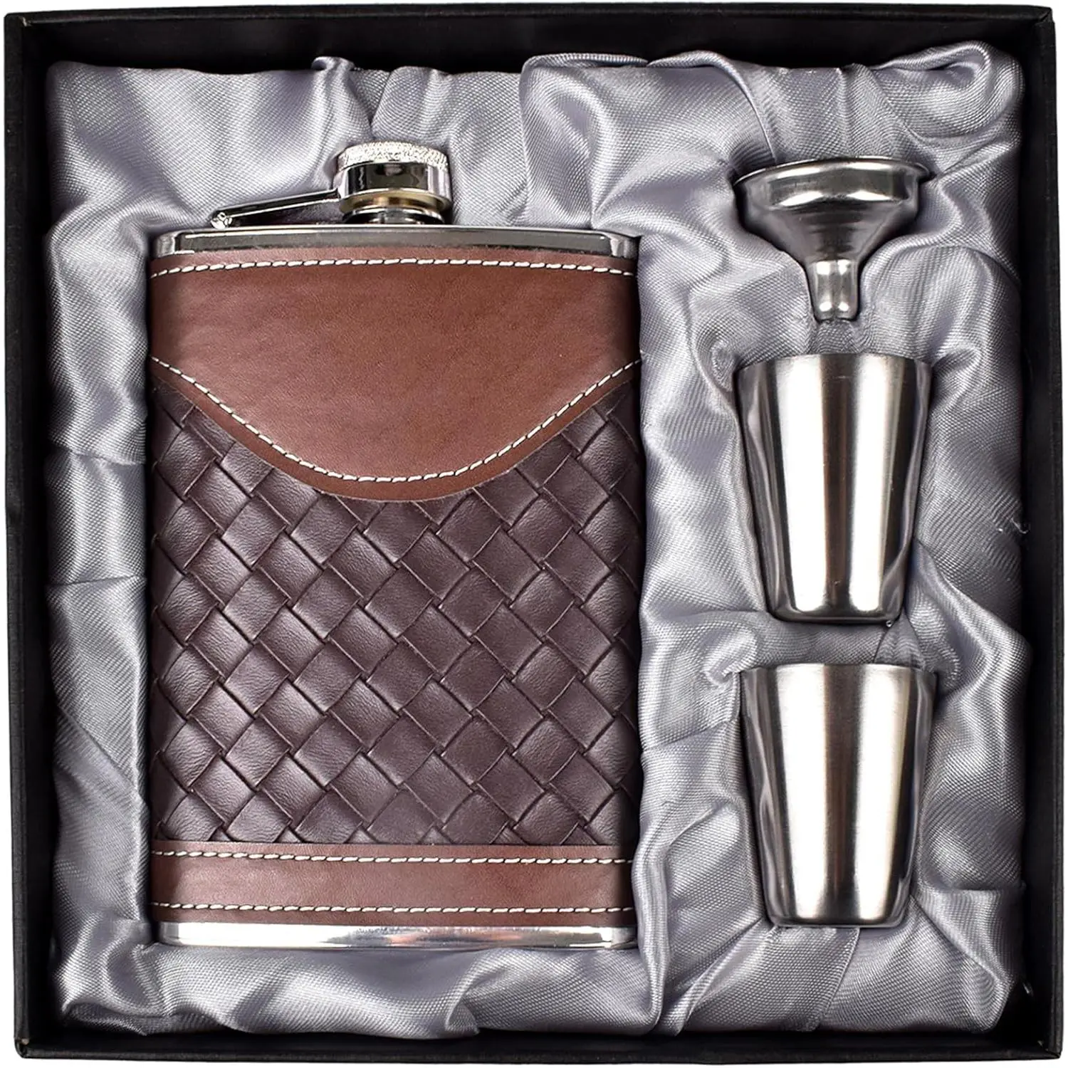 Flasks for Men 8oz Leather Flask  Set,304 Stainless Steel Flask Set w/Funnel Shot Glasses Lovely  for  Rum Groomsman  Man Usher Wedding Camping-Leather Stripe Black8oz