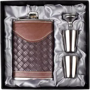 Flasks for Men 8oz Leather Flask  Set,304 Stainless Steel Flask Set w/Funnel Shot Glasses Lovely  for  Rum Groomsman  Man Usher Wedding Camping-Leather Stripe Black8oz