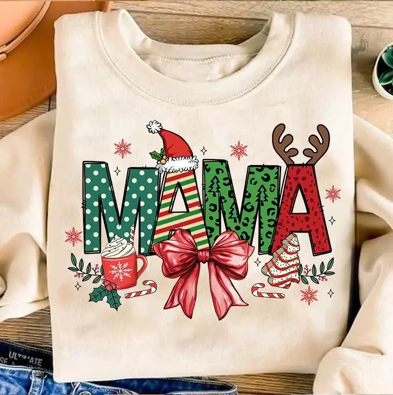 Christmas Mama Coquette Sweatshirt, Mama Claus Shirt, Christmas Tree Cake Sweatshirt, Christmas coquette bow Shirt - Unisex Loose Fit - Fabric
