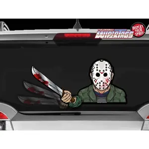 Hockey Mask Waving Bloody Machete Wiper WiperTags Car Window Decal for Horror Fans and Halloween