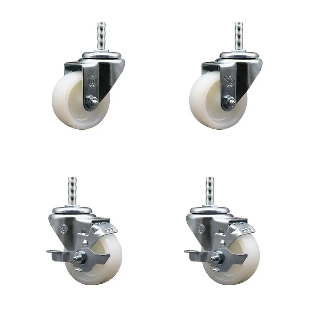 Service Caster SCC-TS20S314-NYS-58212-2-TLB-2 Maintenance-Free Threaded Casters (Set of 4) - 3x1.25 in White Wheels, 0.63 in Stems, 2 with Top Locking Brake, Low Rolling Resistance - for Material Handling Carts, Shop Projects