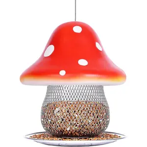 Red Mushroom Solar Bird Feeders - Outdoors Hanging, Color Changing Solar Garden Lantern, Metal Wild Bird Feeder for Cardinals Bird Seed Feeder 3.5LBS Capacity birdfeeders is Gift for Bird Lovers.