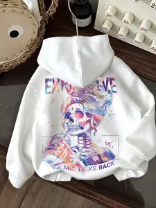 Women's Halloween Skull Gradient Korean Hoodie, Fall Winter Loose-Fit Kangaroo Pocket Sweatshirt, Casual Warm Pullover for Youth