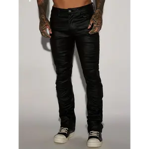 Men's Casual Faux Leather Jeans - Stretch Fit, Solid Color, Straight Leg with Button Closure