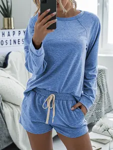 Autumn Winter Home Wear Set, Long Sleeve Round Neck Top & Elastic Waist Shorts, Fashion Versatile Pajama Suit for Women, Womenswear