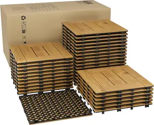 Yellow 33 PCS Solid Acacia Wood Interlocking Patio Deck Tiles - 12" x 12" Indoor Outdoor Waterproof Flooring Tiles for Balcony, Backyard, Garden & Poolside, All Weather Use, Natural Wood