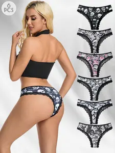 Gothic Style Women's Fashion Underwear Set, Rose Skull Print, Colorblock Lace Low Waist, Seamless Polyester Blend, Casual Special Occasion, Seamless Breathable Knicker