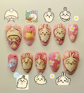 C-Chiikawa-wa Wu-Usagi-ii Press On Nails | Handmade 3D Kawaii Bunny Nails | Pink Cartoon Character Nail Art | Cute Pastel Almond Press-On Nails with Gift Set (Adhesive Tabs, Nail File, Cuticle Stick)