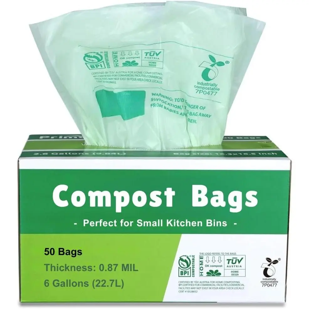 Compostable Bags 6 Gallon  Scraps Yard  Bags, 50 Count, Extra Thick 0.87 Mil. ASTMD6400 Compost Bags Small Kitchen Trash Bags, Certified By BPI And TUV AUSTRIA