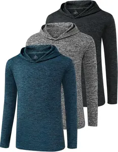 Youth Boys Quick-Dry  Long Sleeve Hoodie Sweatshirts Athletic Workout Hooded Pullover Shirts 3 Pack