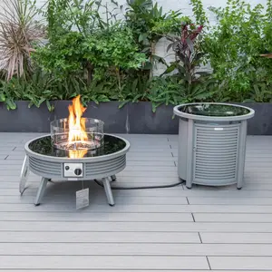 LeisureMod WGRS-29-24-GL 20 x 29 x 29 in. Walbrooke Patio Round Fire Pit & Tank Holder with Slats Design, Grey, Outdoor Furniture Set, Modern, Gas Fire Pit, Tabletop Fire Pit