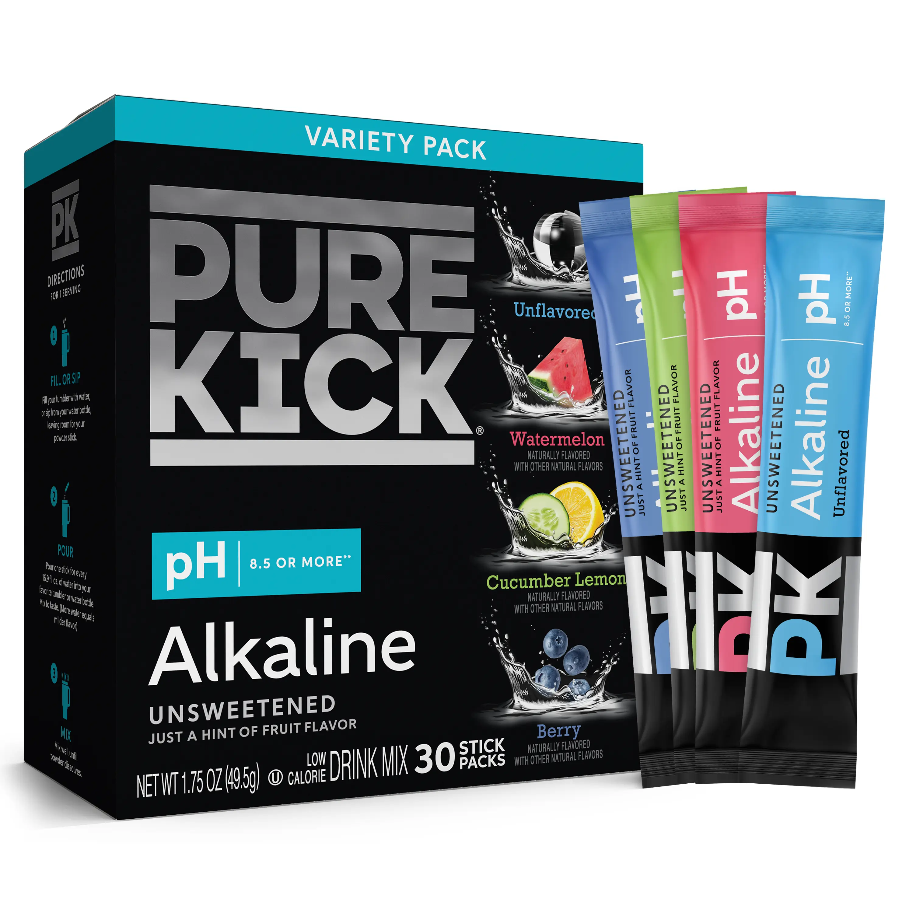 Pure Kick Alkaline 30ct Variety Water Packets – Ultra Light Hint of Flavor – Unsweetened Drink Mix to Raise Water pH – 0 Sugar
