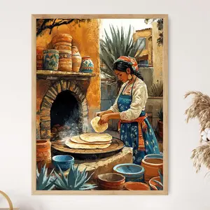 [UNFRAMED] Mexican Woman Cooking Tortillas Illustration, Outdoor Oven Art Print, Mexican Restaurant Decor