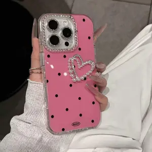 SparkleStyle High-Value Heart Pearls Glitter Lens Polka Dot Case for iP16 Pro Max & iP15 Pro with Airbag Protection & Rhinestone Accents Diamond Protective Casing