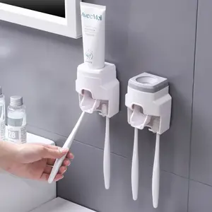 1PC Bathroom Organizer Hack! Wall Mount Toothbrush & Toothpaste Storage，Space Saving Bathroom Toothbrush Rack with Auto Toothpaste Dispenser，Bathroom Hack! Hands-Free Toothpaste Squeezer & Toothbrush Holder Bathroom Accessory